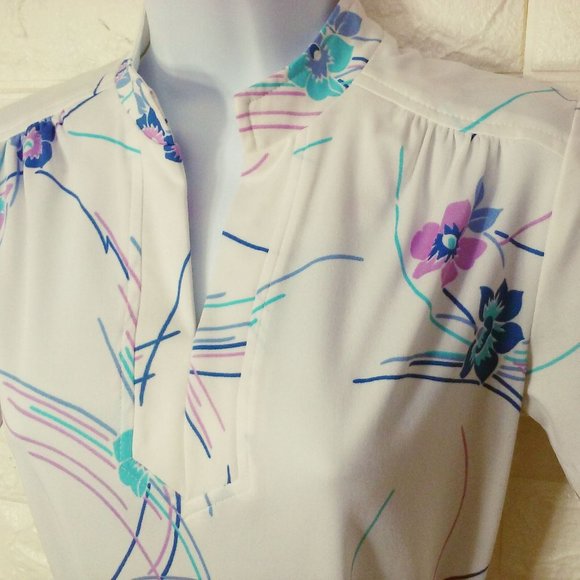 Vintage 70s Floral Sheath Day Dress -S(6) A-Line Dbl-Knit Polyester Belt Zip - Picture 6 of 10